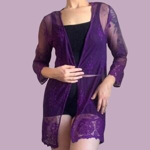 Rich Purple  Lace mesh Cardigan kimono with crochet trim sleeves